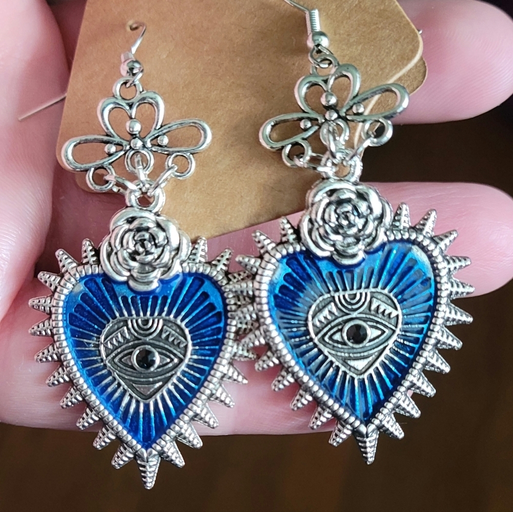 Spiked Blue Heart Eye Rose Handmade Earrings Punk Goth Emo Dangle Gothic - Picture 4 of 13